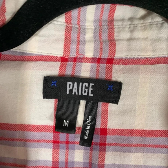 Paige Blouse Women’s Medium Plaid Short Sleeve Button Up Vneck Tie Top - Picture 5 of 9
